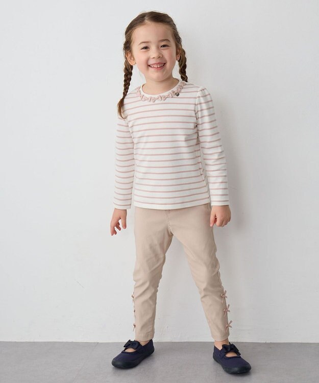 ANY KIDS リボン×ボーダー長袖Tシャツ ピンク×エクリュ