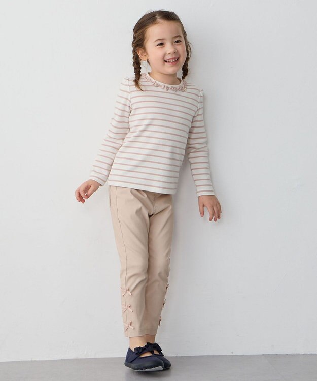 ANY KIDS リボン×ボーダー長袖Tシャツ ピンク×エクリュ