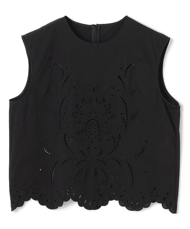 BEIGE， 【洗える】GALLERIA / コットンエンブロイダリーノースリーブブラウス Black