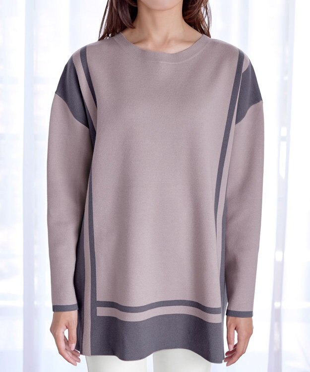 Tiaclasse 【新色追加・洗える】配色ニットチュニック グレージュ×チャコールグレー