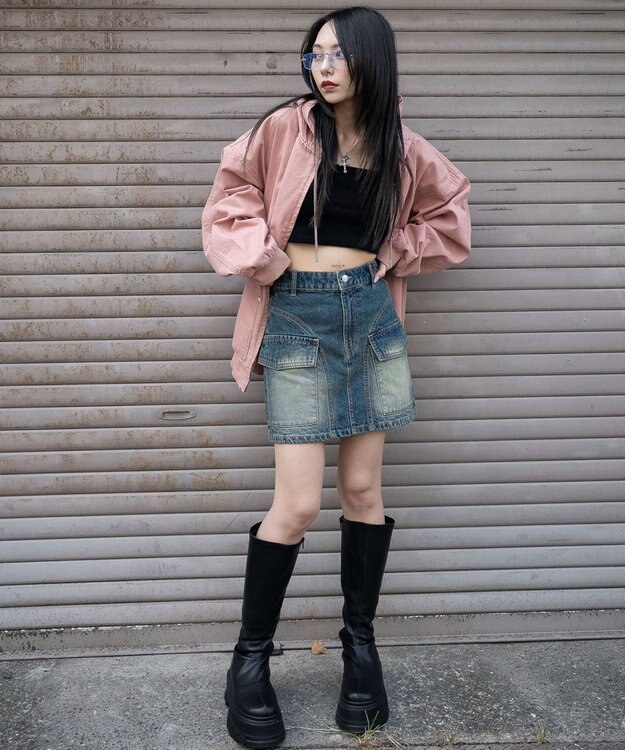 WEGO ヴィンテージウォッシュカーゴミニスカート デニム中濃加工色