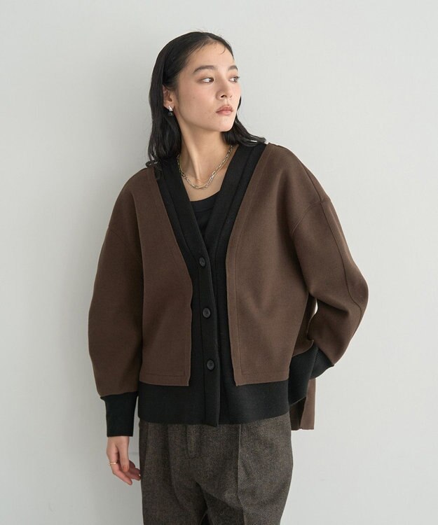 YECCA VECCA ニット切替メルトンVネックカーディガン Brown
