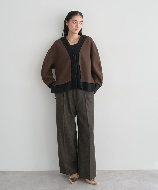YECCA VECCA ニット切替メルトンVネックカーディガン Brown