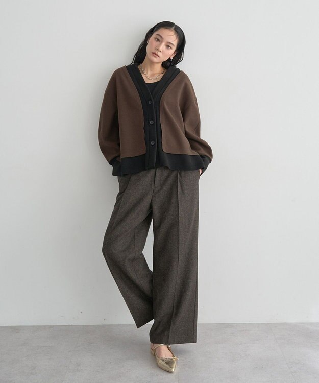 YECCA VECCA ニット切替メルトンVネックカーディガン Brown