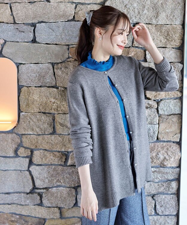 Tiaclasse 【洗える】ラウンドネックミドル丈ニットカーディガン チャコールグレー