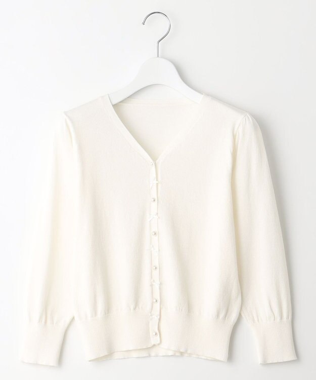 Feroux リボンパール七分袖 カーディガン ホワイト系