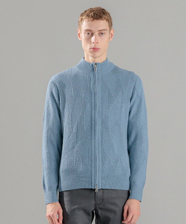 JOSEPH HOMME  新柄【洗える】シルクバルキー　　ハイネックジップアップニット スカイブルー系