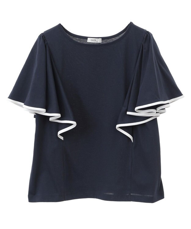 earth music&ecology 【接触冷感/洗濯機可】パイピングフレアスリーブカットソー Navy