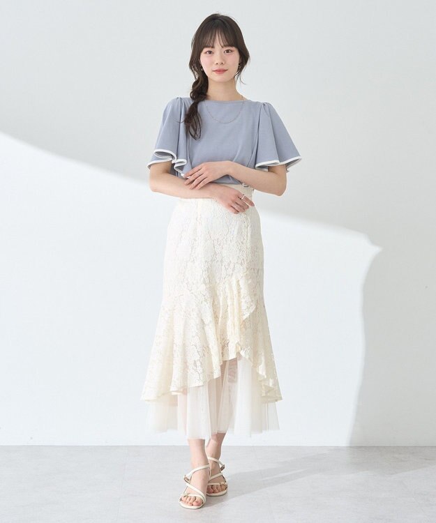 earth music&ecology 【接触冷感/洗濯機可】パイピングフレアスリーブカットソー Sax