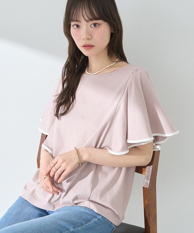 earth music&ecology 【接触冷感/洗濯機可】パイピングフレアスリーブカットソー Pink Beige