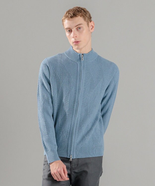 JOSEPH HOMME  新柄【洗える】シルクバルキー　　ハイネックジップアップニット スカイブルー系