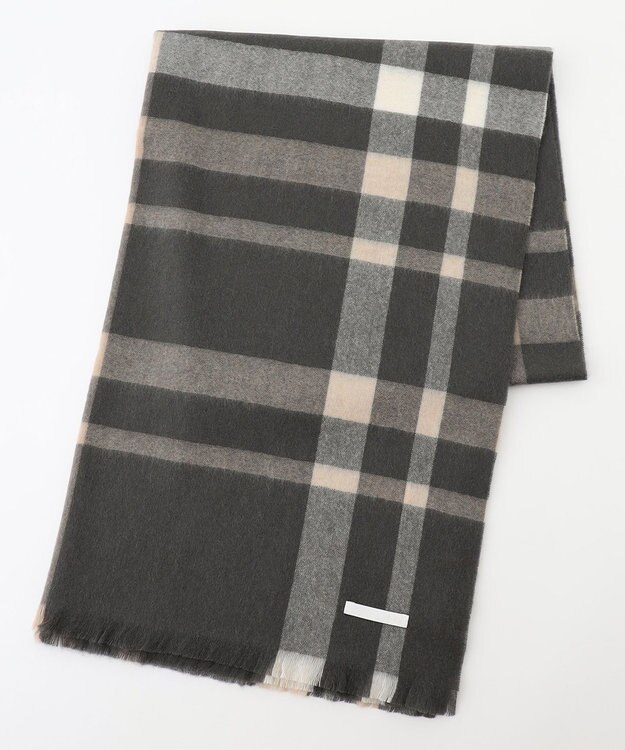 自由区 カシミヤビッグチェック ストール ダークカーキ系