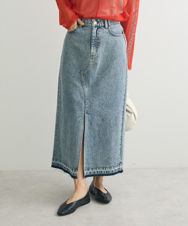 Green Parks フロントスリットデニムロングスカート Sax