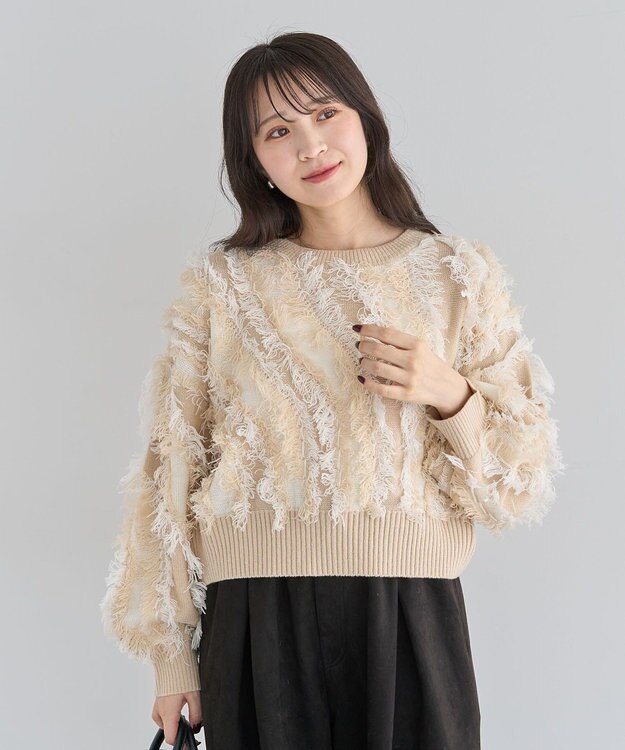 Green Parks ・ＥＬＥＮＣＡＲＥ　ＤＵＥ　フリンジジャカードニット Beige