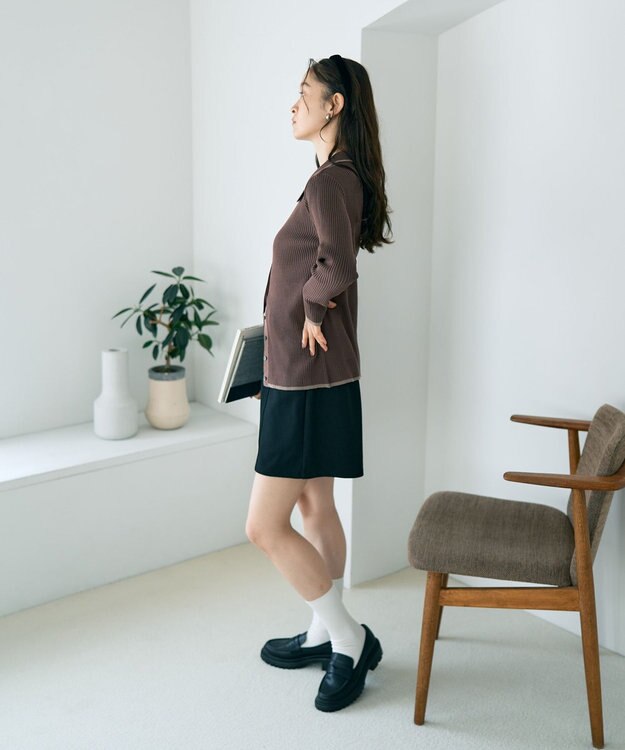 earth music&ecology バイカラートリムロングニットカーディガン Brown