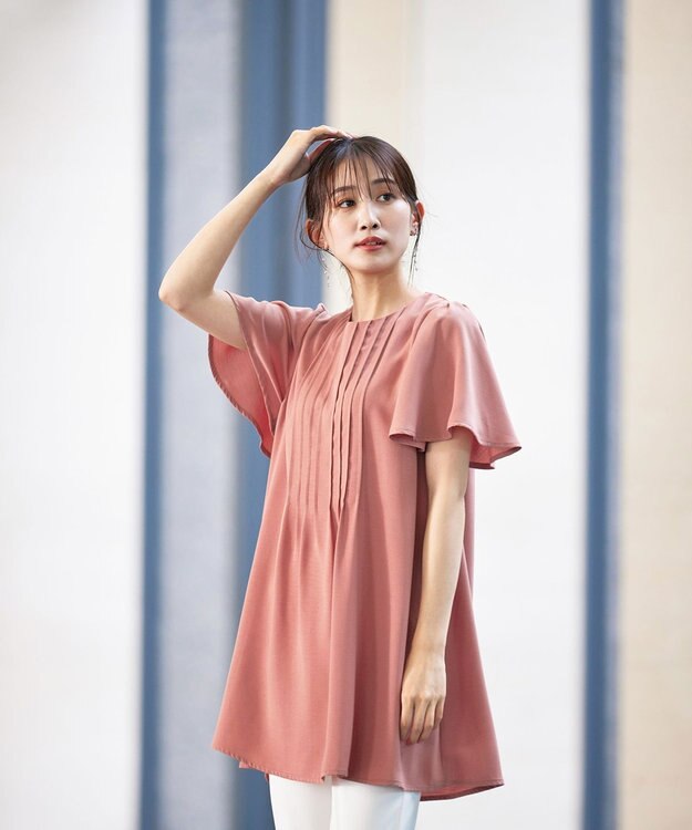 Tiaclasse L 【洗える】麻調ピンタックチュニックブラウス ピンク