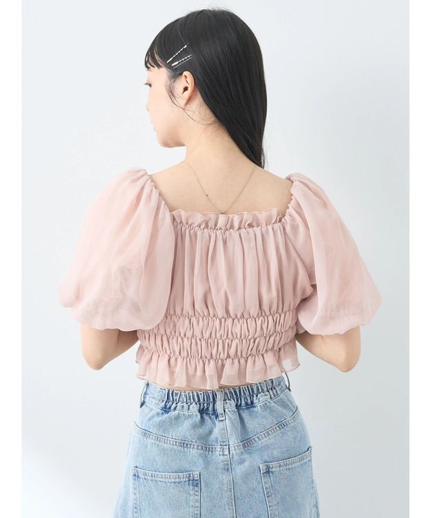 earth music&ecology パフスリーブシャーリングブラウス Pink Beige