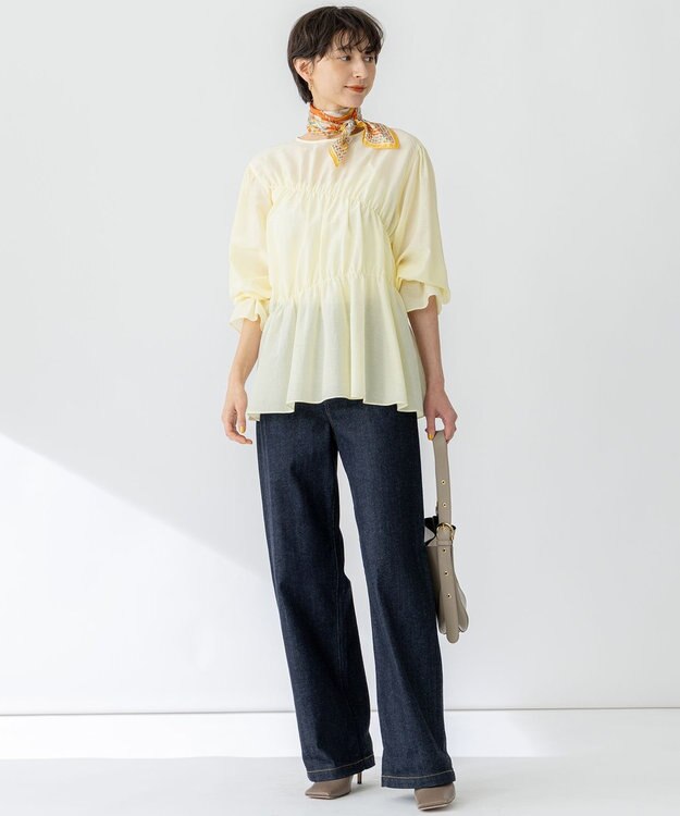 23区 【洗える】シアーコットンシルク シャーリング デザイン ブラウス ライトイエロー系