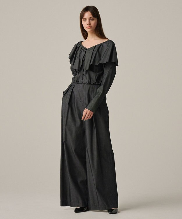 uncrave 【手洗い可】シャンブレー ラッフル ブラウス（uncrave WHITE） インディゴ