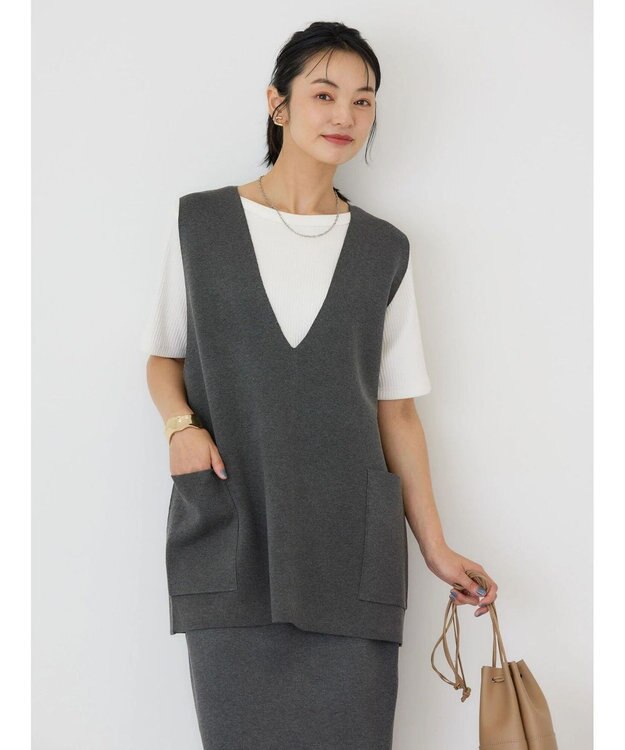 AMERICAN HOLIC ＶネックＷポケットニットベスト Gray Mixture