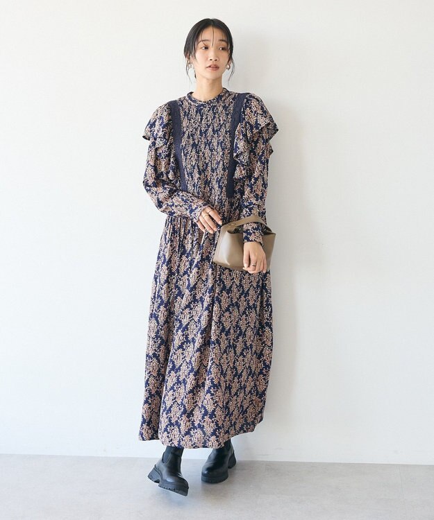 CRAFT STANDARD BOUTIQUE シャーリング袖フリルワンピース Flower yellow