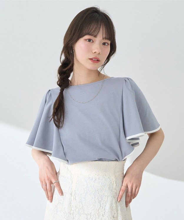 earth music&ecology 【接触冷感/洗濯機可】パイピングフレアスリーブカットソー Sax