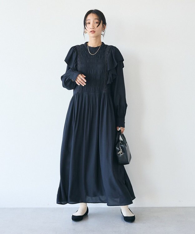 CRAFT STANDARD BOUTIQUE シャーリング袖フリルワンピース Black