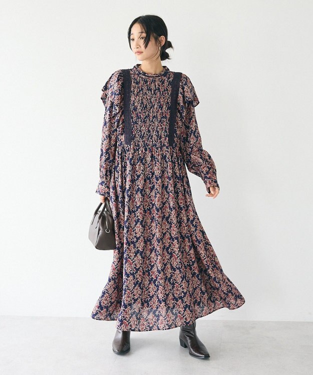 CRAFT STANDARD BOUTIQUE シャーリング袖フリルワンピース Flower Red