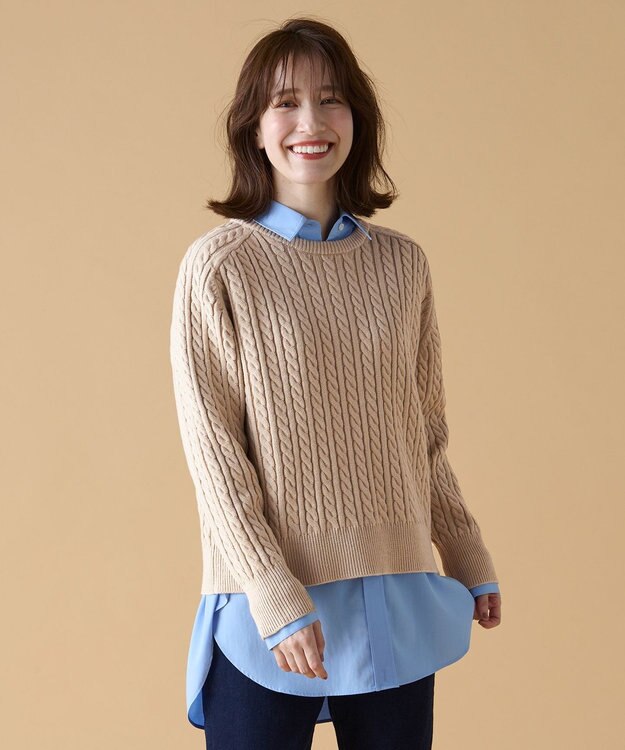 ANY L 【洗濯機可】クロップド丈ケーブルニット ベージュ