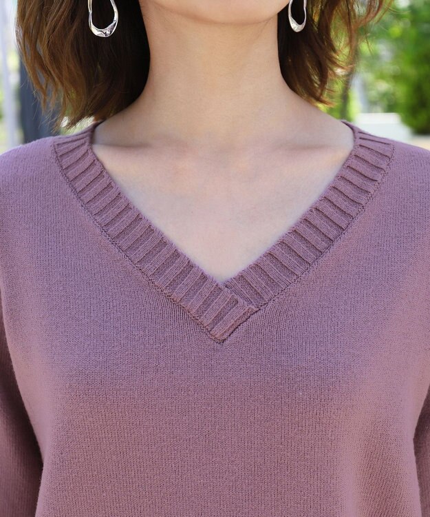 Tiaclasse L 【洗える】もっちり素材のVネックリブニットチュニック ラベンダー