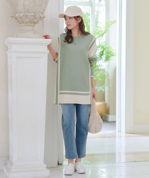 Tiaclasse 【新色追加・洗える】配色ニットチュニック ミント×アイボリー