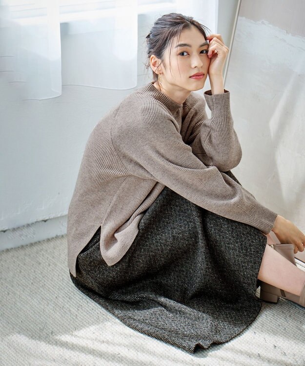 ANY 【ウエストゴム】ループツイードヘリンボーンフレアスカート ブラックベース