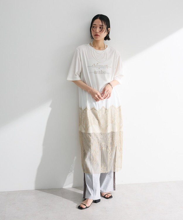 Green Parks 裾レースドッキングカットロゴチュニック Off White