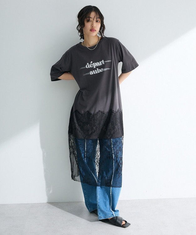 Green Parks 裾レースドッキングカットロゴチュニック Charcoal Gray