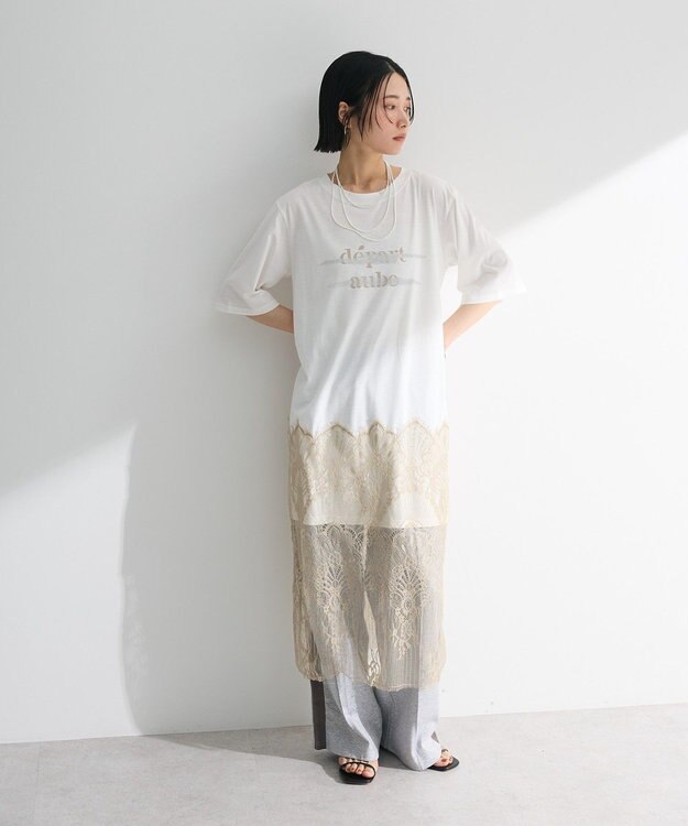 Green Parks 裾レースドッキングカットロゴチュニック Off White