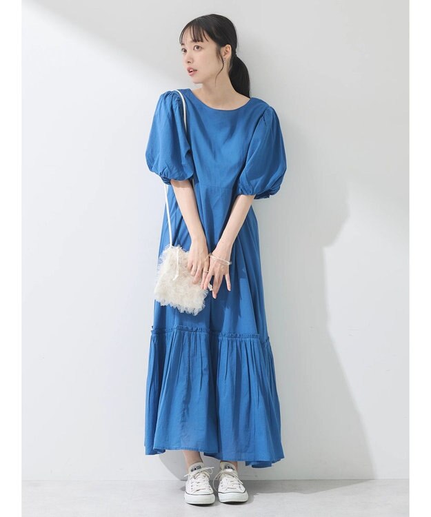 earth music&ecology コットンボイルパフスリーブワンピース Blue