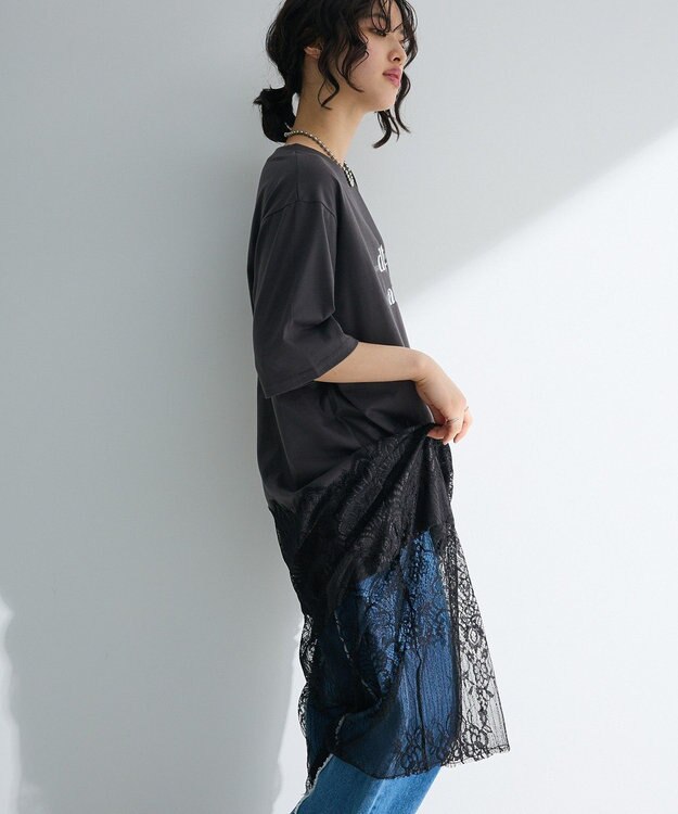 Green Parks 裾レースドッキングカットロゴチュニック Charcoal Gray