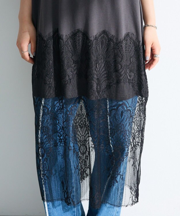 Green Parks 裾レースドッキングカットロゴチュニック Charcoal Gray