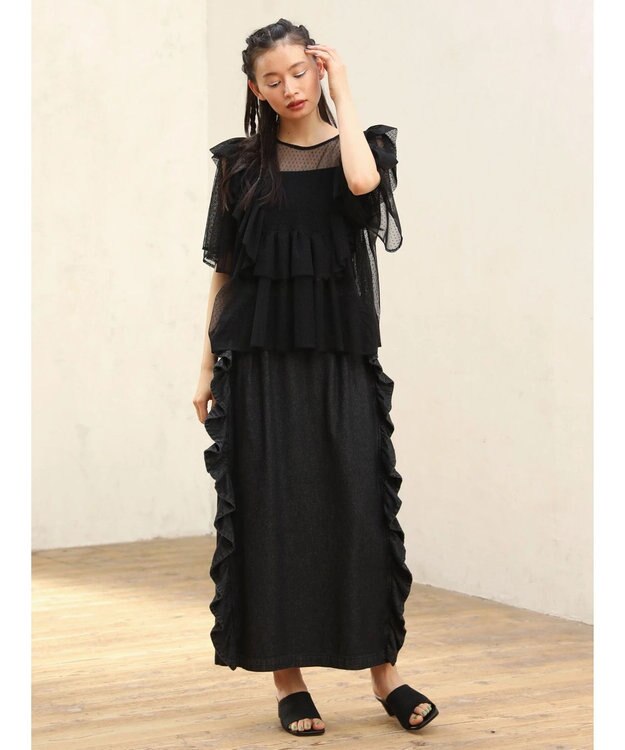 Green Parks ■ＥＳＣＡＲ　ドットチュールフレアヨークプルオーバー Black