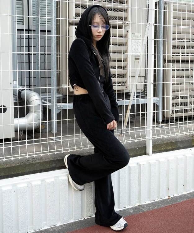 WEGO 【ウエストゴム】ベロアフレアパンツ ブラック