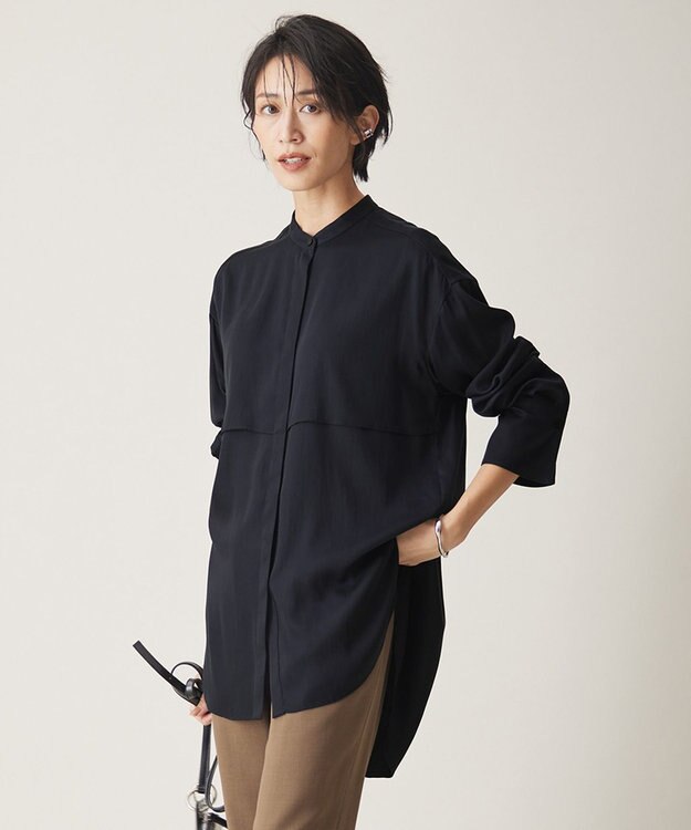 ICB 【WEB限定カラーあり・洗える】 シルキーサテン シャツブラウス ネイビー系