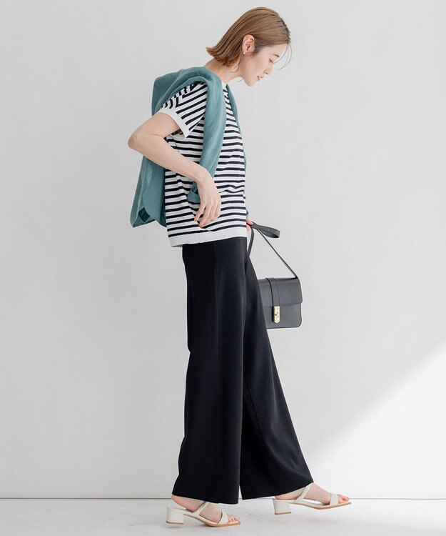 23区 【洗える/好評につき新色追加】レーヨンポリエステルストレッチ プルオーバー ニット オフ×ダークネイビーボーダー