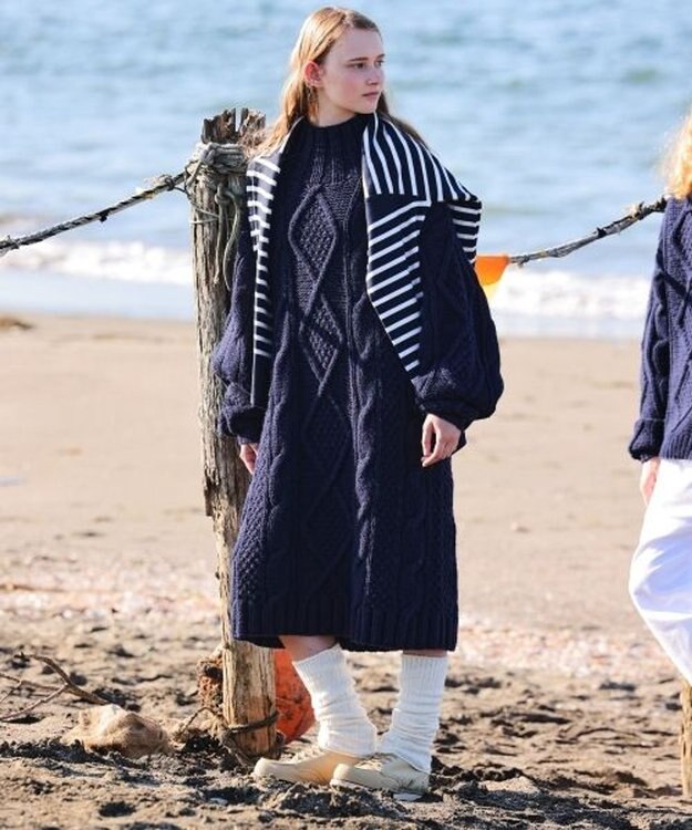 LENO ARAN ONEPIECE　アラン柄ニットワンピース NAVY