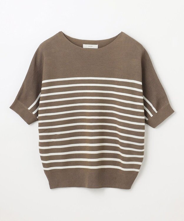 ANY 【洗濯機可/UVカット/アンチピリング】ハーフスリーブガーターニット グレージュ×アイボリー