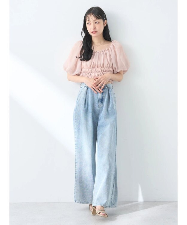 earth music&ecology パフスリーブシャーリングブラウス Pink Beige