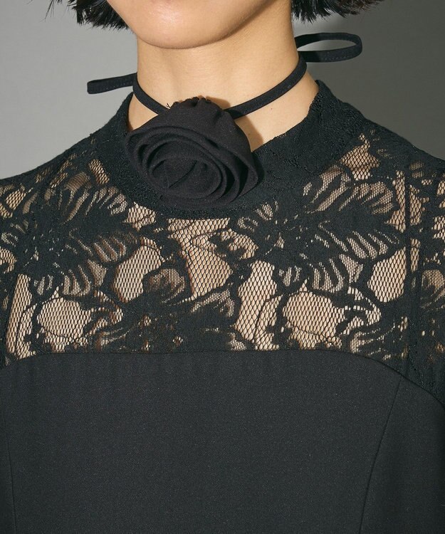 Green Parks コサージュ付レースペプラムロンパース Black