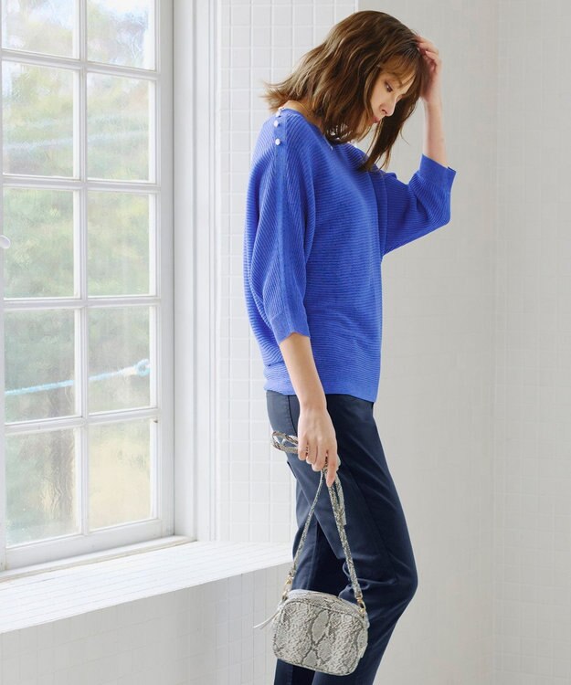 Tiaclasse 【洗える】肩ボタンドルマンニットトップス ブルー