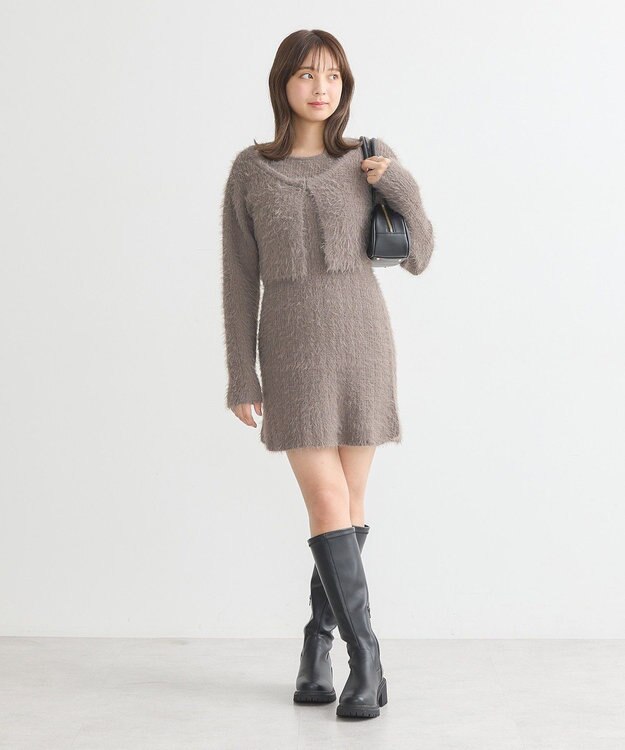 earth music&ecology ＳＥＴ２点シャギーショートカーデ＋ミニワンピース Mocha