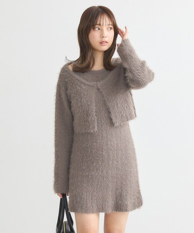 earth music&ecology ＳＥＴ２点シャギーショートカーデ＋ミニワンピース Mocha