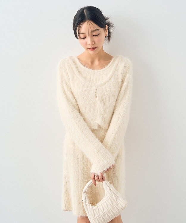 earth music&ecology ＳＥＴ２点シャギーショートカーデ＋ミニワンピース Ivory